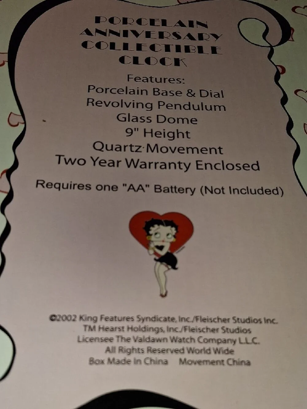 Vintage 2002 Betty Boop Anniversary Porcelain Decorative Clock Collectible
